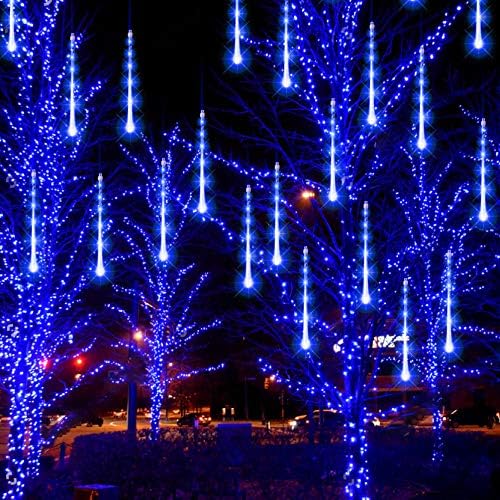 FUNPENY Meteor Shower Rain Lights, 288 LED Christmas Lights Icicle Snow Falling Halloween Lights Outdoor Raindrop Lights, 30cm 8 Tubes Xmas Tree Holiday Christmas Halloween Decoration, Blue