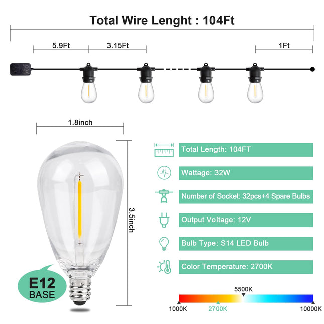 Outdoor String Lights, 104ft Low Voltage Patio Decorative Lights, 32 Led Shatterproof Bulbs Warm White Light String for Outside, Waterproof Hanging String Lights for Porch, Balcony, Café, Bar
