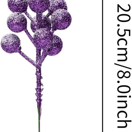 16 Pieces Artificial Glitter Berries Stems, 8-Inch Frosted Christmas Picks Berry Sprays Twig Glitter Holly Berry Branches for Xmas Tree Fillers Ornaments, Wreath, Crafts, Home Holiday Decor (Purple)