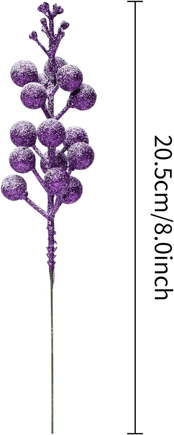 16 Pieces Artificial Glitter Berries Stems, 8-Inch Frosted Christmas Picks Berry Sprays Twig Glitter Holly Berry Branches for Xmas Tree Fillers Ornaments, Wreath, Crafts, Home Holiday Decor (Purple)
