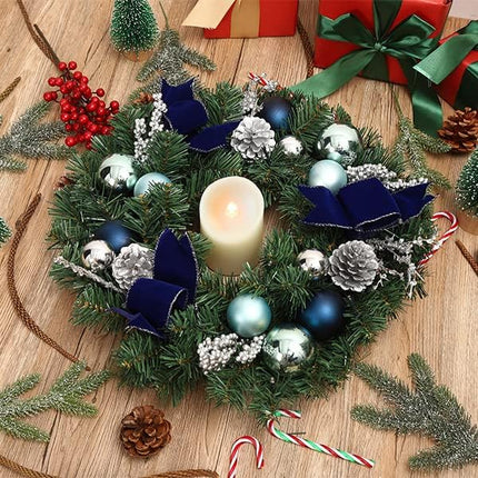 LinTimes Christmas Wreaths, 18 Inch Christmas Wreath for Front Door with 15 LED Lights, Pre-lit Christmas Decoration with Blue Bows Silver Leaves Ball Ornaments for Christmas Wall Window Decor