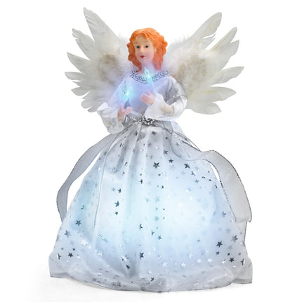 Christmas Angel Tree Topper with White Feather Wings, Elegant Lighted Tree Top Ornament for Indoor Home Holiday Party Christmas Decoration, 12 Inch, Silver