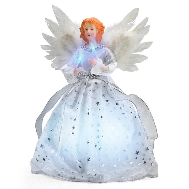 Christmas Angel Tree Topper with White Feather Wings, Elegant Lighted Tree Top Ornament for Indoor Home Holiday Party Christmas Decoration, 12 Inch, Silver