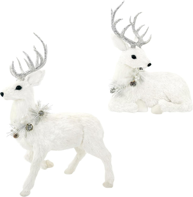 Nature Vibe 18 Inches Sisal Christmas Reindeer Set of 2,Realistic Woodland Animals Reindeer Figurine with Silver Accent for White Christmas Decorations,Centerpiece Table decorations or Fireplace Decor