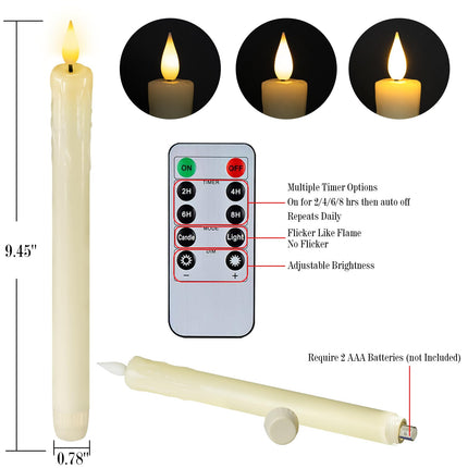 Homemory Real Wax LED Flameless Taper Candles with Remote Timer, 9.6 Inches Ivory Candlesticks, Dripless Battery Operated 3D Flickering Flame for Fireplace Xmas Halloween