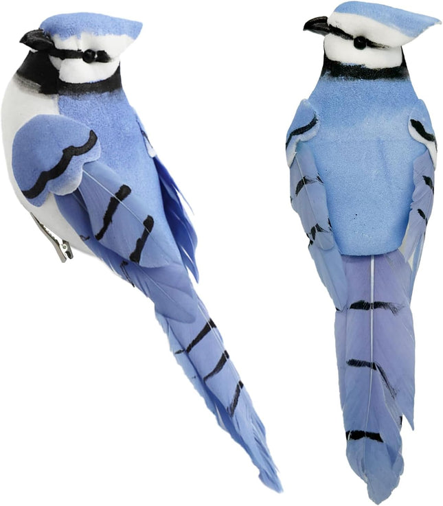LWINGFLYER 2pcs Clip On Artificial Birds 5.5-Inch Realistic Blue Jay Feathered Bird Ornaments for Christmas Tree Wreath Crafts Seasonal Display Birdhouses Home Party Decor
