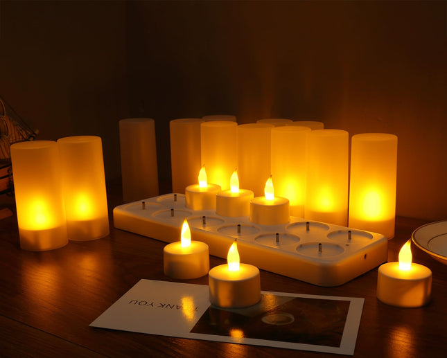 WoneNice Rechargeable Tea Lights Flickering Flameless Candles with Charging Base and AC Adapter, Romantic for Lantern Party Restaurants Weddings Christmas and Holiday Decoration