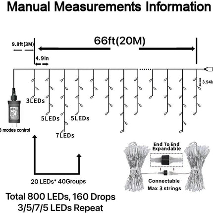 WAKAKA White Icicle Lights Outdoor, 66ft 800 LED Icicle Christmas Lights Indoor with Memory