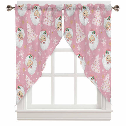 Christmas Swag Curtains,Pink Santa Claus Kitchen Valances Rod Pocket Curtain Tier Pair Swag Topper,Xmas Tree Snowflake 2 Panels Window Treatment for Bathroom Living Room