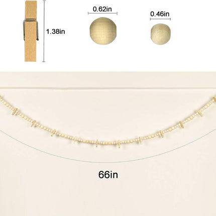 Hanging Photo Display with 12 Clips, Wooden Bead Garland 2PCS, Boho Style Collage Photo Frame Decoration for Dorms, Classrooms, Bedrooms