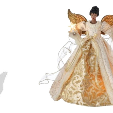 The Bridge Collection 14" Golden African American Angel Tree Topper - Beautiful Gold and White Black Angel Lighted Tree Topper for Christmas Tree