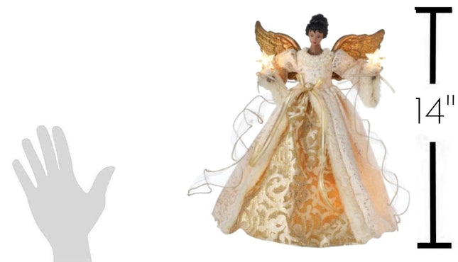 The Bridge Collection 14" Golden African American Angel Tree Topper - Beautiful Gold and White Black Angel Lighted Tree Topper for Christmas Tree