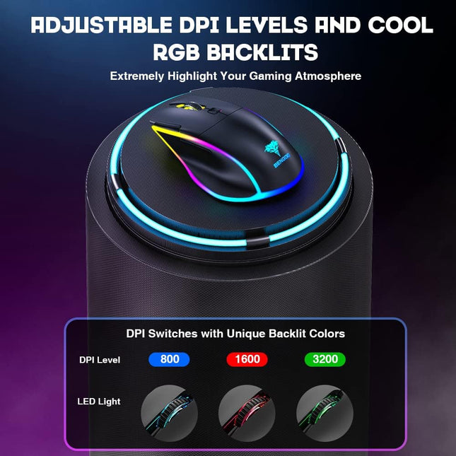 BENGOO KM-2 Wireless Gaming Mouse, Computer Mouse USB Wireless Mouse with 7 Programmed Buttons 3 Adjustable DPI RGB Backlits Rapid Fire Button, Ergonomic Optical Gamer Mice for Windows PC Mac