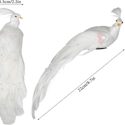 FQQWEE 6Pcs Artificial Feather White Peacock Birds with Clip Artificial Peacock Sequin Birds Clip on Christmas Tree Ornaments Simulation White Feather Peacock Crafts Xmas Tree Decor (6Pcs)