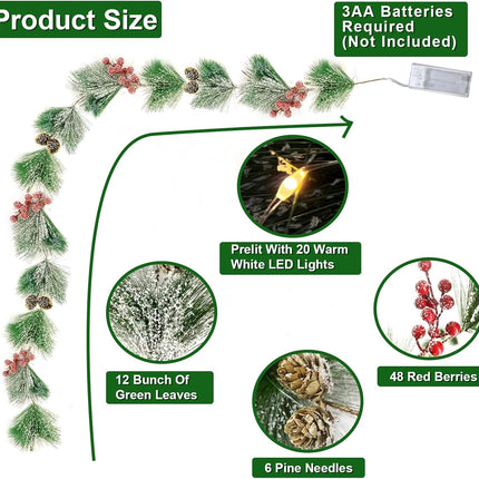 [Timer & Lighted]6 Ft Prelit Christmas Garland with Lights Snowy Cedar Garland Battery Operated 12 Bristle Pine 48 Red Berry 6 Pinecones Xmas Decor Flocked Christmas Garland for Mantle Winter Holiday