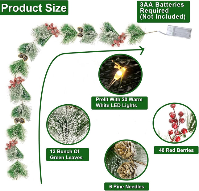 [Timer & Lighted]6 Ft Prelit Christmas Garland with Lights Snowy Cedar Garland Battery Operated 12 Bristle Pine 48 Red Berry 6 Pinecones Xmas Decor Flocked Christmas Garland for Mantle Winter Holiday