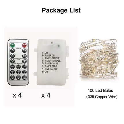 4 Pack 33Ft 100 Cool White Led Fairy Lights Battery Operated with Remote Control Timer Waterproof Silver Copper Wire Twinkle Lights
