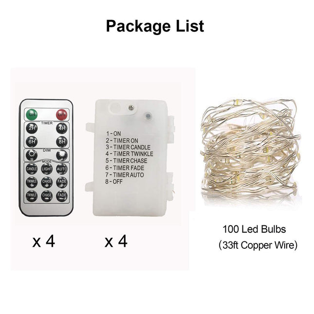 4 Pack 33Ft 100 Cool White Led Fairy Lights Battery Operated with Remote Control Timer Waterproof Silver Copper Wire Twinkle Lights