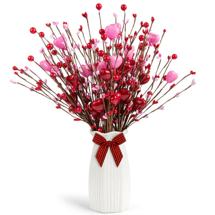 6 Pack Valentine’s Day Picks Artificial Berry Flower Stems Picks with Hearts for Valentines Day Decor and s Wedding Anniversary Decorations(16inch Pink + Red)