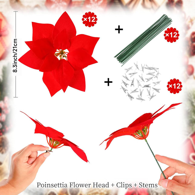 Luyue 12 PCS Real Touch Poinsettia Flowers Artificial Poinsettia Christmas Decorations Red Poinsettia Picks Fake Christmas Flower with Stems and Clips Xmas Floral for Christmas Tree Wreath Home Decor