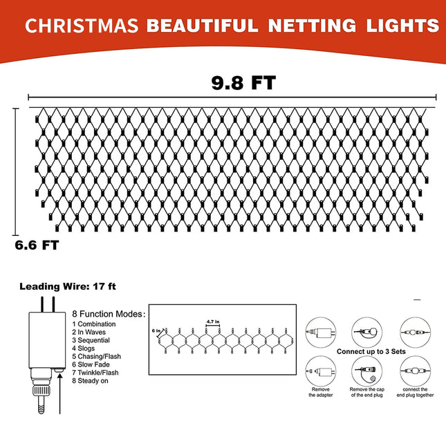 FUNPENY Christmas Net Lights, 9.8ft x 6.6ft 200 LED Mesh Decor with 8 Modes Waterproof Connectable Xmas Decorations for Outdoor Outside Bushes Yard Lawn Patio Tree Garden Party (Multi Colored)