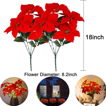 Christmas Decorations Set for Home Indoor Outdoor, Christmas Artificial Red Poinsettia Flowers Bouquet with Lighted Tree Twig Branches Light, Battery Operated with Timer, Decorative Sticks Vase Filler