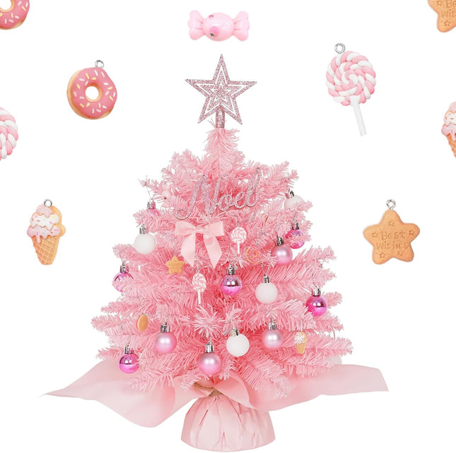 20" Mini Pink Christmas Tree Table Top Christmas Tree Artificial Xmas Tree Small Christmas Tree with Lights, Star Treetop and Balls, Tabletop Christmas Tree for Girls Rooms