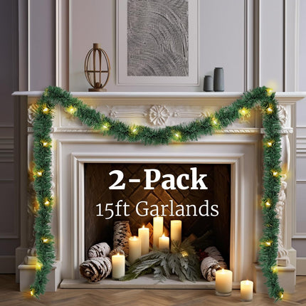 2-Pack 15FT Christmas Garland Prelit - Slim Lighted Garland with Lights, Artificial Holiday Decor for Mantle Stairs Wall Door, Indoor Outdoor 3" Thin Garlands