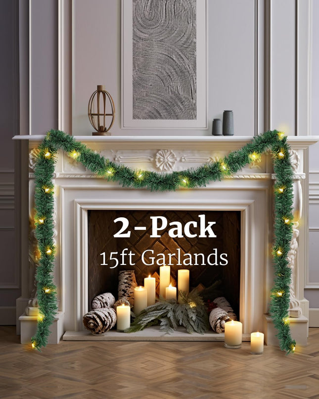 2-Pack 15FT Christmas Garland Prelit - Slim Lighted Garland with Lights, Artificial Holiday Decor for Mantle Stairs Wall Door, Indoor Outdoor 3" Thin Garlands