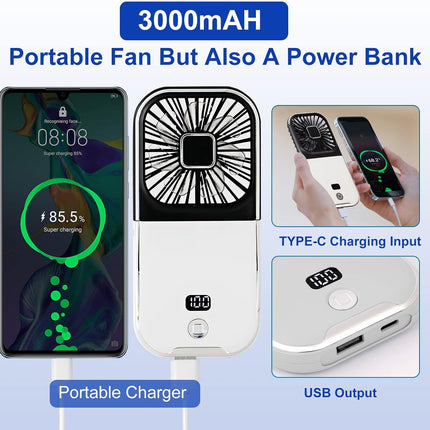Portable Digital Display Personal Handheld Fan Foldable, Mini Quiet Usb Rechargeable Necklace Fans With 3000Mah Power Bank