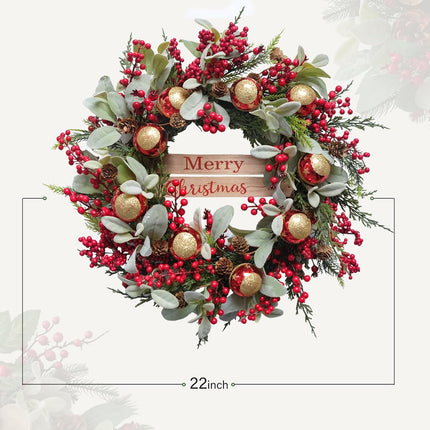 22" Christmas Wreath with Red Berry, Lamb’s Ears Leaves Pine Cone Star bolls, Artificial Winter Wreath G Decoration for Front Door Window Home Wall Farmhouse Holiday Outdoor Indoor Décor