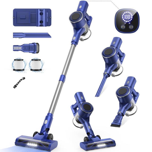 Cordless Vacuum Cleaner, Stick Vacuum Cleaners With 28Kpa Powerful Suction, Antitangle Handheld Vacuum Cleaner For Home With Led Display For Carpet Hardwood Floor Pet Hair Car Cleaning Blue