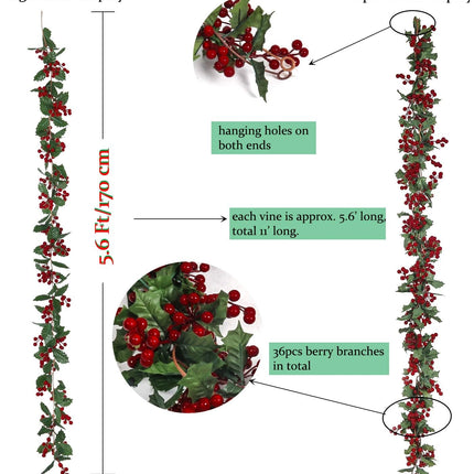 U'Artlines Total 11Ft Christmas Garland 2PCS Artificial Holiday Hanging Garlands Christmas Vine with Red Berries for Stairs Wall Fireplace Mantel Indoor Outdoor Decor (2pcs Red Berries Garland)