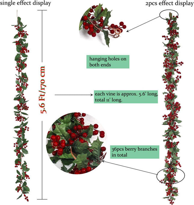 U'Artlines Total 11Ft Christmas Garland 2PCS Artificial Holiday Hanging Garlands Christmas Vine with Red Berries for Stairs Wall Fireplace Mantel Indoor Outdoor Decor (2pcs Red Berries Garland)