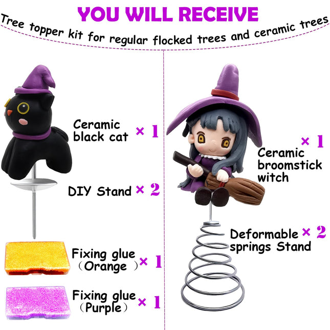 Halloween Ceramic Christmas Tree Replacement Tree Topper, 2Pcs Festive Themed Treetops Ornaments - Topstar for Desktop Trees DIY Decorations (Witchcraft)