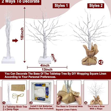 [ 2 Pack & Timer ] TURNMEON Prelit Lighted Birch Trees with 48 LED Warm White Lights DIY Burlap, Battery Operated Artificial Tabletop Christmas Tree for Home Indoor Holiday Xmas Christmas Decorations
