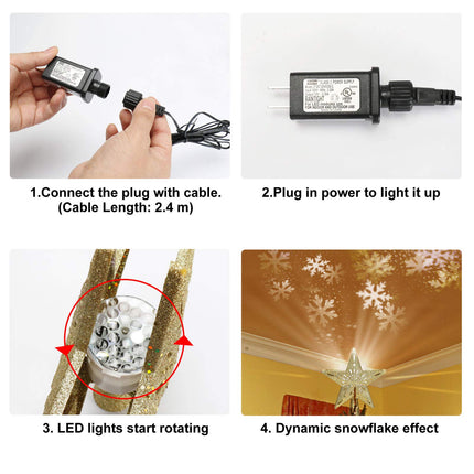 Ryhpez Christmas Tree Topper, Gold Star Christmas Tree Toppers with LED Rotating Snowflake Projector Lights, 3D Glitter Lighted for Christmas Tree Decorations Holiday Party