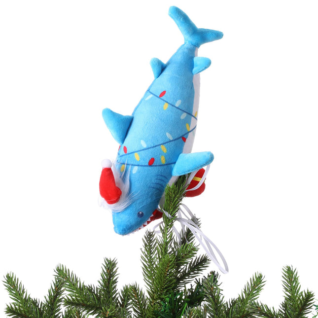 Meooeck Christmas Shark Plush Tree Topper 10 Inch Large Funny Christmas Plush Hanging Tree Ornament for Kids Christmas Tree Topper Decoration Curtain Tie Wine Bottle Decor for Holiday Party Favors