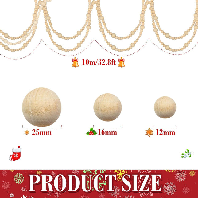 Giegxin 32.8 Feet Christmas Wooden Bead Garland Xmas Tree Beads Garland Rustic Wood Beaded Garland Farmhouse Bead Decor for Christmas Holiday Rustic Home Decoration(Wood Color,1 Pcs)