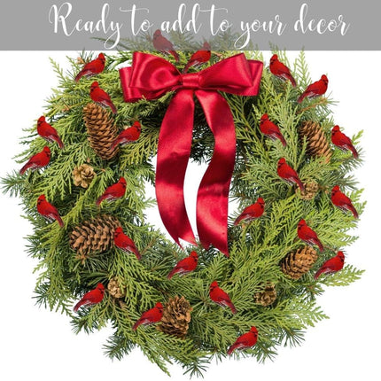Cardinal Clip On Christmas Tree Ornaments - Bird Decorations - Red Body & Feathered Wings & Tail - Set of 24 - Each Bird is 2" Long - Wreath - Centerpiece - Crafts