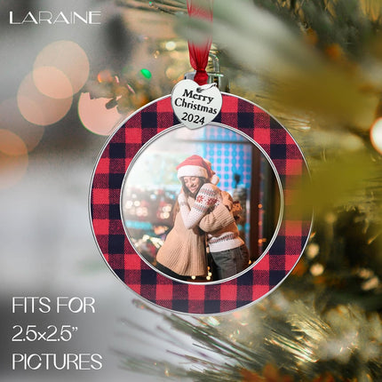 Laraine Christmas Tree Ornaments 3 Pieces – Decorative Hanging Plaid Pendant with 2.5” Picture Frame Insert for Baby and Pet Holiday Keepsake (Plaid-Red&Black ())