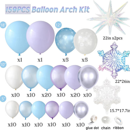 Ice Snow Birthday Party Decorations, 159 PCS Snowflake Balloon Garland Arch Kit,Blue Purple Iridescent Exploding Star Foil Balloon for Princess Winter Wonderland Birthday Christmas Party Decor