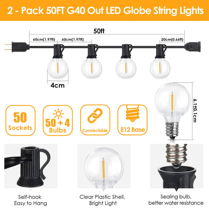 Mlambert 100Ft(2x50Ft) Outdoor String Lights G40 Globe Patio Lights with 50+4 LED Bulbs, Waterproof Hanging Lights for Balcony Gazebo Tents-Black Wire