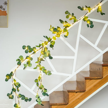 JMEXSUSS Artificial Eucalyptus Christmas Garland with Lights, 6FT Lighted Fall Garland Battery Operated with Timer, Artificial Vine Lights for Mantel Fireplace Autumn Wedding Christmas Decoration