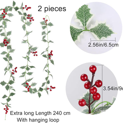 2Pcs 7.87ft Red Berry Christmas Garland with Green Leaves Wired Artificial Holly Berry Garland Xmas Decorations for Indoor Outdoor Fireplace Mantle Stairs Table Winter Year Holiday Decor