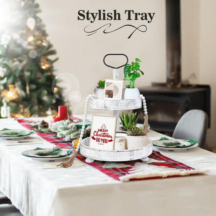 Luxspire Tiered Tray Stand, 2 Tiered Tray Decor with Wooden Beads Garland, Farmhouse Decorative Tray, 2 Tier Serving Tray for Coffee Bar Kitchen Island, Christmas Decor, Rustic White