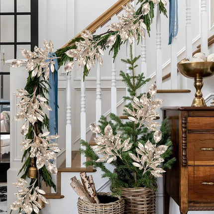 5 Pcs Fake Leaves Plants for Christmas Decor 20 Inch Metallic Gold Artificial Magnolia and Bay Leaves Faux Tropical Leaves with Stems for Holiday Decor Christmas Mantle Garland Wreath - Champagne