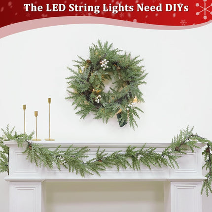 6Ft 20LED Christmas Garland with Lights Timer, Cedar Garland Snowy Christmas Garland Juniper Greenery Pine Garland Christmas Decorations with Pinecones Berried Christmas Garland for Mantle Table Home