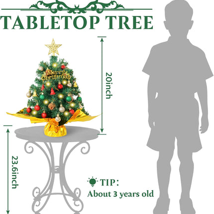 XmasExp 20" Mini Christmas Tree Set Small Christmas Tree Tabletop Christmas Tree Artificial Christmas Tree with Star Treetop,Ornaments Balls,Bells and Pine Cones DIY Christmas Decorations Green