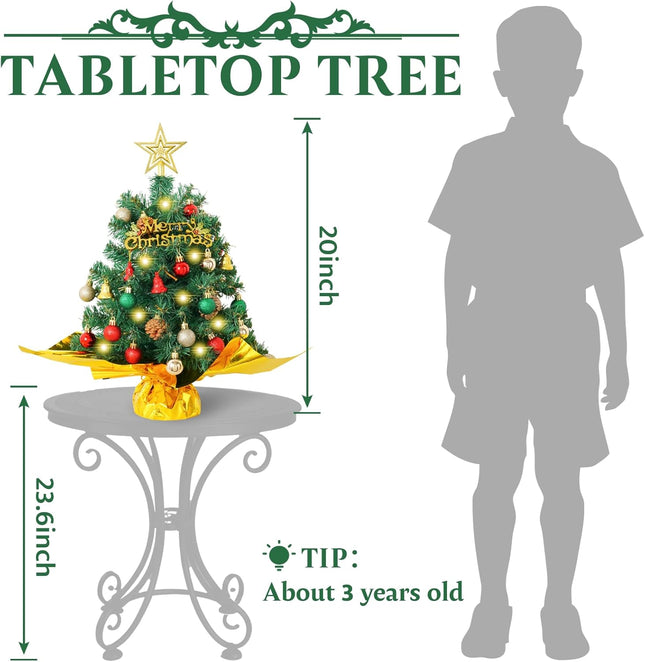 XmasExp 20" Mini Christmas Tree Set Small Christmas Tree Tabletop Christmas Tree Artificial Christmas Tree with Star Treetop,Ornaments Balls,Bells and Pine Cones DIY Christmas Decorations Green